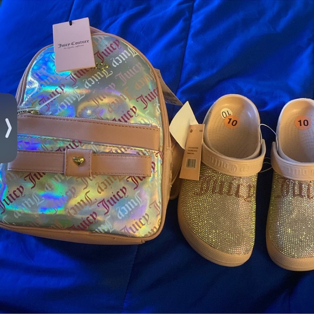 Juicy Couture Holographic Backpack and Gold Slip-On Shoes
